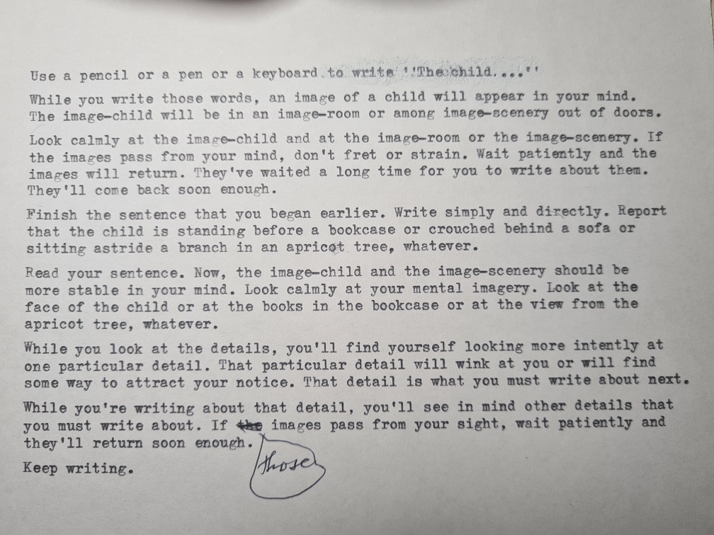 Photo of writer Gerald Murnane's instruction typed on a typewriter.